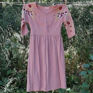 Roolee Emroidered Blush Midi Dress Linen Blend 3/4 Sleeve Sz XS